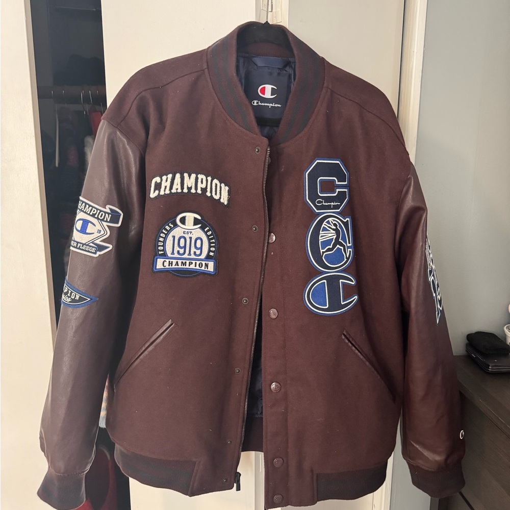 Champion Men's Dark Brown Varsity Jacket with Blue Patches